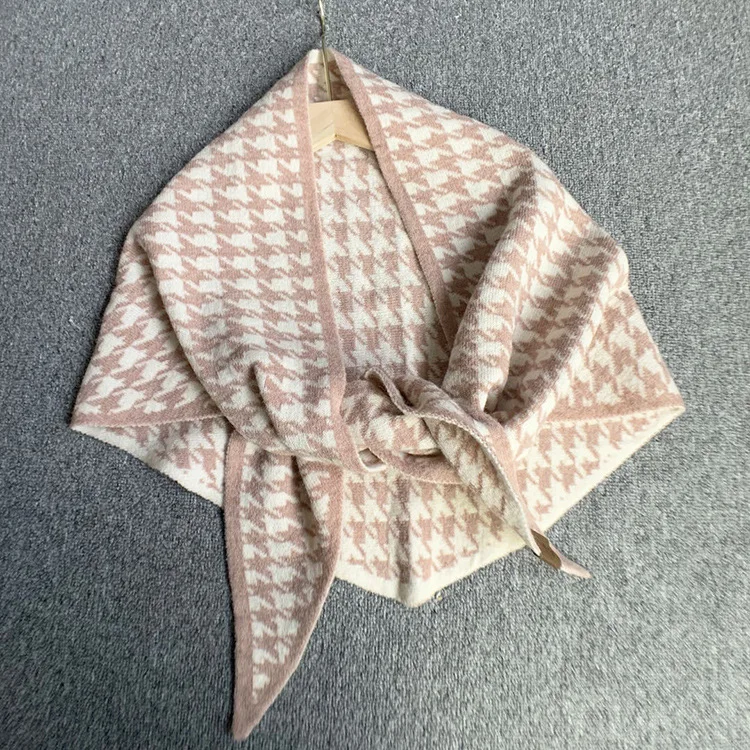 Wool Knitted Triangle Scarf warm Double-Sided wear Women\'s plaid Shawl wrap Autumn Winter Korean Scarves