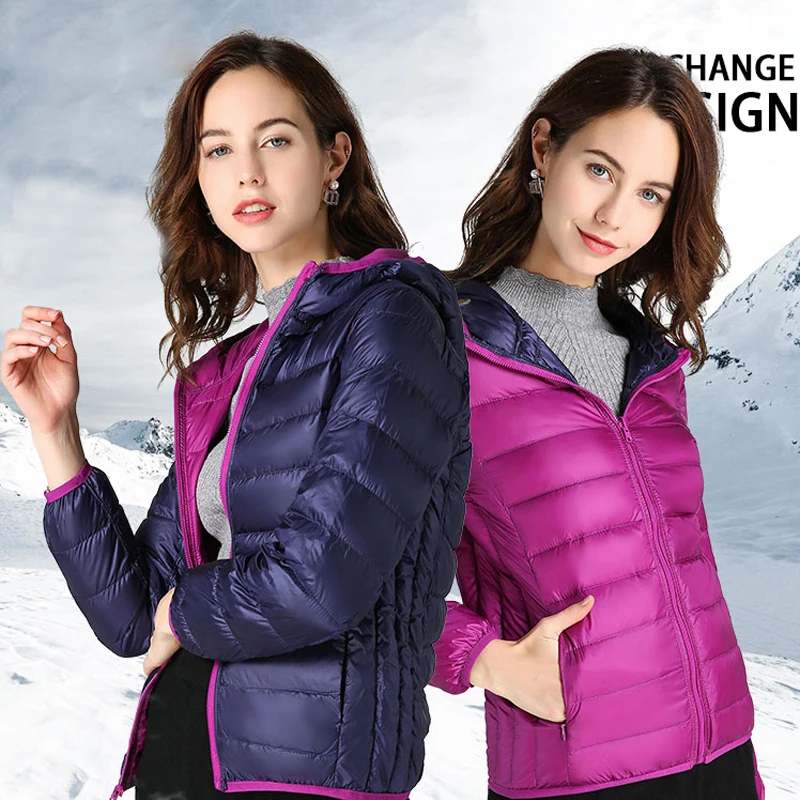 Chaqueta ultraligera de plumón de pato para mujer, abrigo de manga larga con capucha y doble cara, Reversible y ligero, 90%