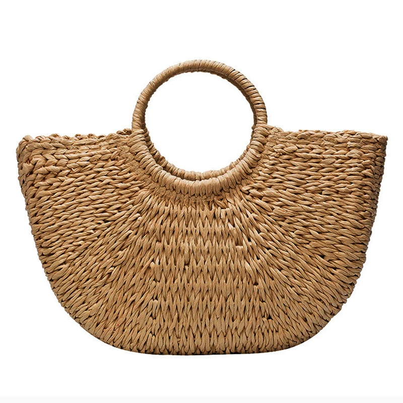 Summer Handmade Bags for Women Beach Weaving Ladies Straw Bag Wrapped Beach Bag Moon shaped Top Handle Handbags Totes