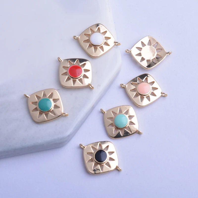 12 Stück 14*18mm Hochwertige Kupfer-Quadrat-Schmuckverbinder, emailliert in Sonnenform, goldfarben, Komponente für Armbänder und Halsketten – Detail 3