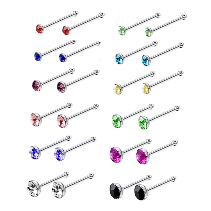 24pcs 22G Czech Crystal 925 sterling silver Nose Rings Studs colorful 1.5-2-2.5-3mm Simple Nose Body Piercing Jewelry For Women