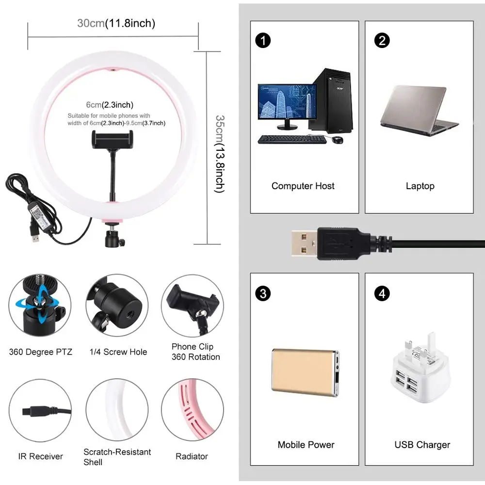 PULUZ-حلقة ضوء LED قابلة للتعديل مع USB RGBW ، 11.8 بوصة ، تصوير فيديو YouTube ، Facebook Live ، Twitch ، مدونات الجمال