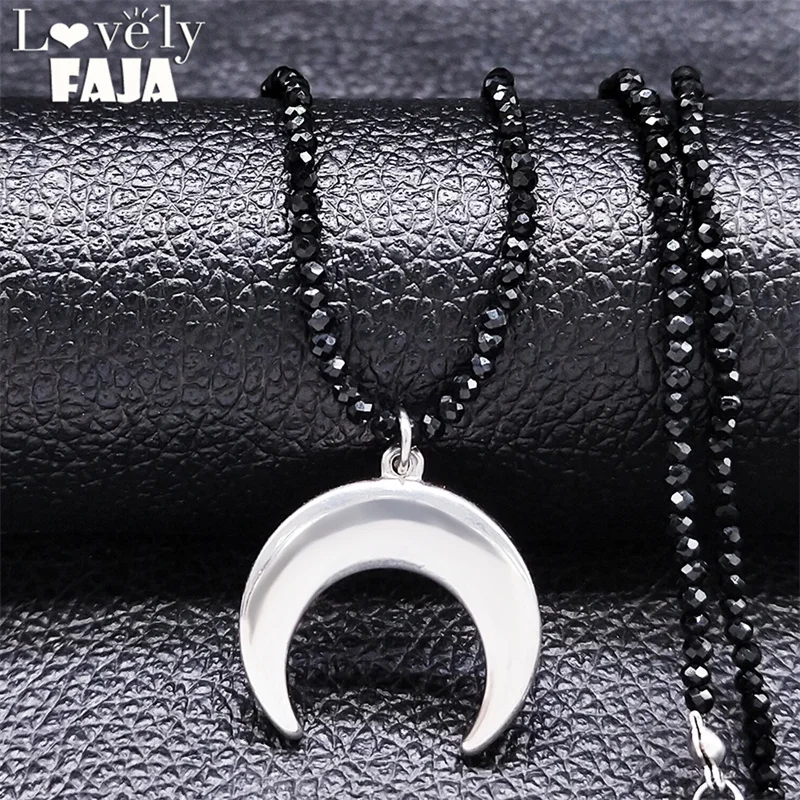 Goth Dainty Crescent Moon Crystal Clavicle Chain Necklaces Stainless Steel Women Witch Black Color Choker Necklace Jewelry NBB49