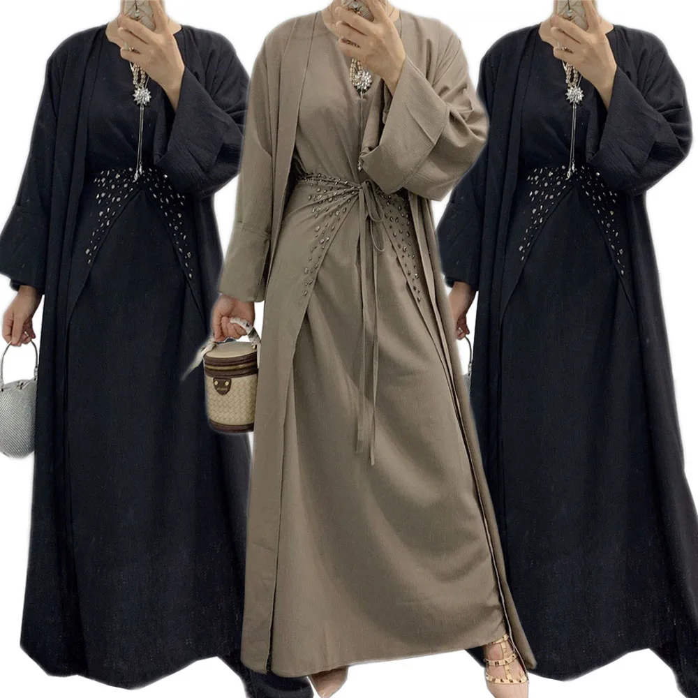 

Eid Ramadan Muslim Arabic Abaya Islamic Women 3pcs/4pcs Suits Beads Open Kimono+Wrap+Dress Middle East Dubai Kaftan Turkey Sets