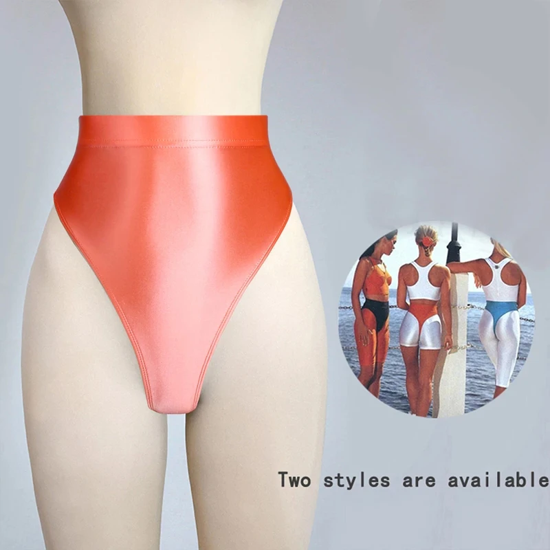 

Shiny T-shaped pants with buttocks sexy Silky bikini high waist tights underpants and high fork Oily Swimming pants Large size