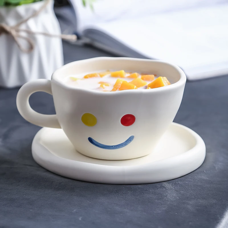 Creative Handmade Smile Cup and Plate Ceramic Breakfast Coffee Milk Tea Mug White Irregular Dessert Cake Dish Cute Gifts for Her