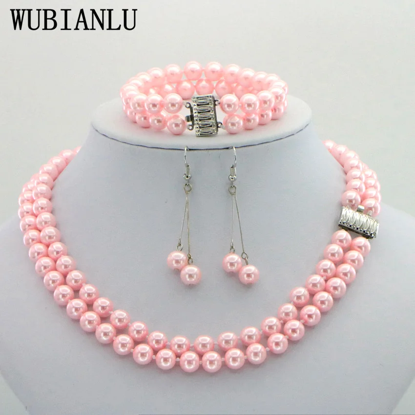 WUBIANLU 2 Rows 8mm Pink South Sea Shell Pearl necklace women Bracelet Earrings Fashion Jewelry Set