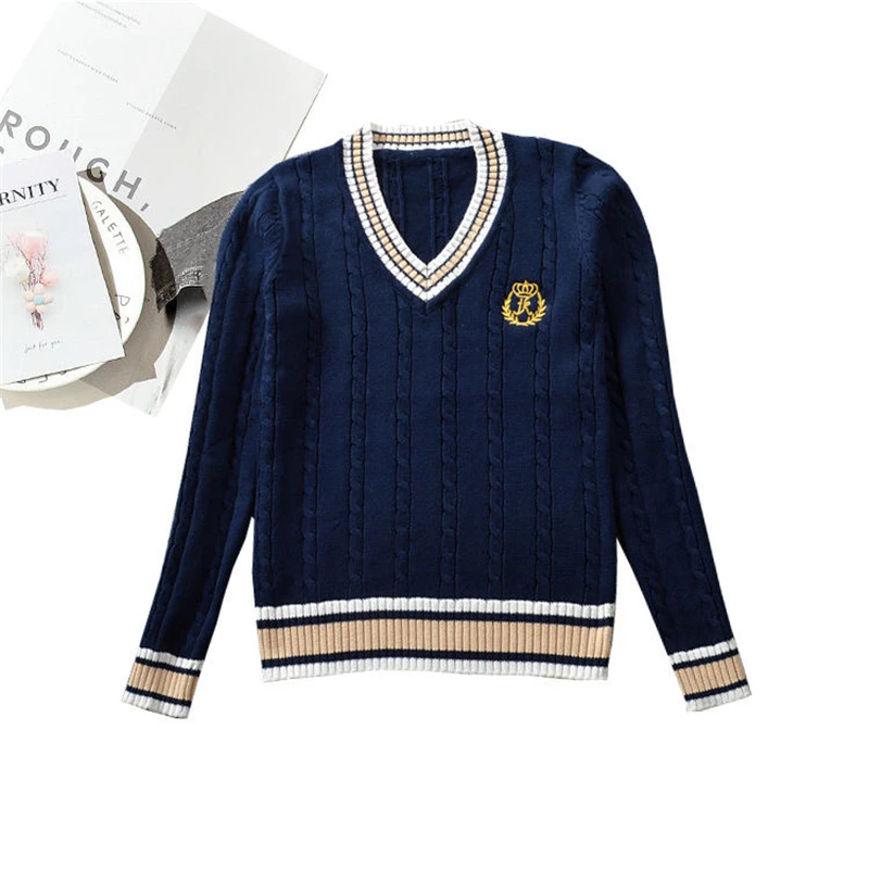 British School Uniform JK Sweater Cute Knitted New Sweater Cotton School Girls Uniform Tops Sweet Long Sleeve Sweater Blue White