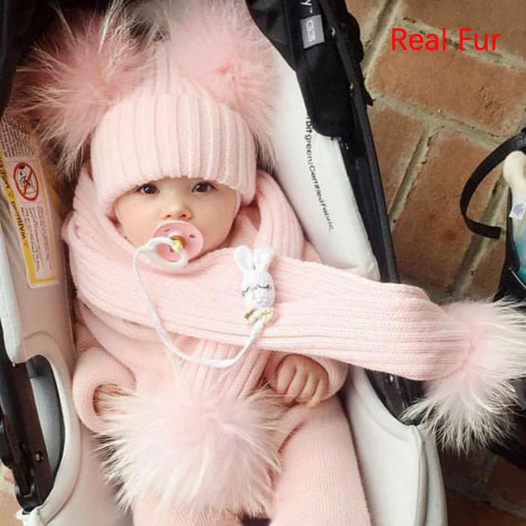 Fur Hat Scarf Set Girls Boys Autumn Thick Warm Baby Cute Children Pompon Cap Scarf Real Raccoon Fur Pompom Set Hat Scarf  Kids