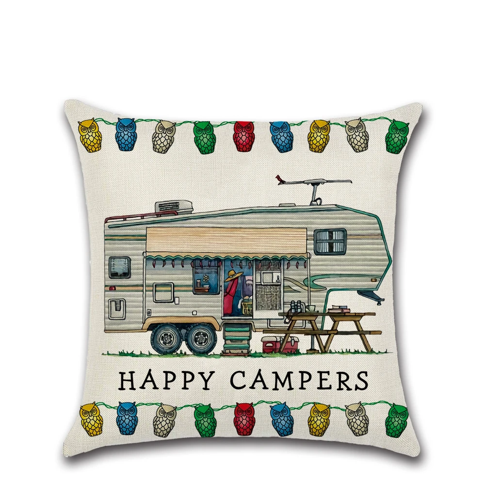 Happy Campers Cartoon Caravanning Linen Cushion Covers Vintage Pillowcase Livingroom Sofa Modern Decorative Throw Pillows Cover