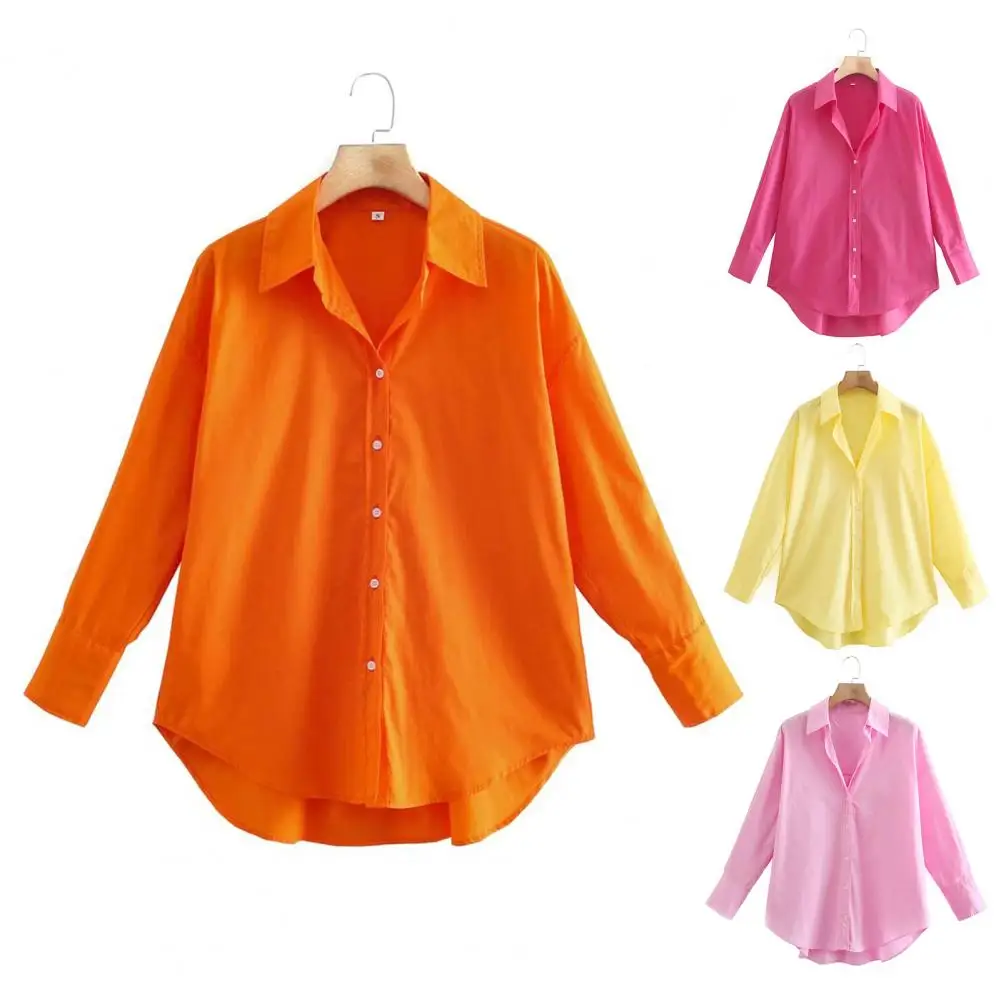 Camisas de manga larga para mujer, camisas de oficina de Color caramelo, camisas casuales de botonadura única, blusa suelta para mujer