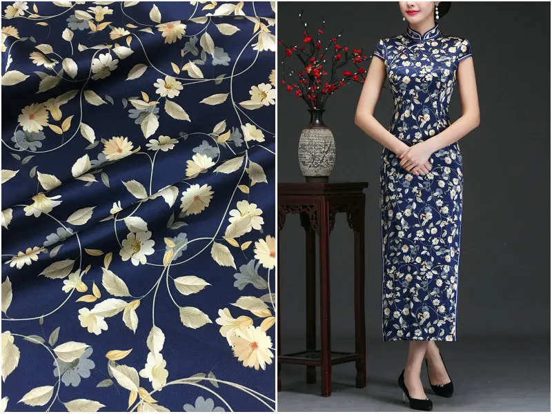 

Retro small floral digital printing fabric natural mulberry silk high fashion textile fabric for dress scarf cheongsam sewing