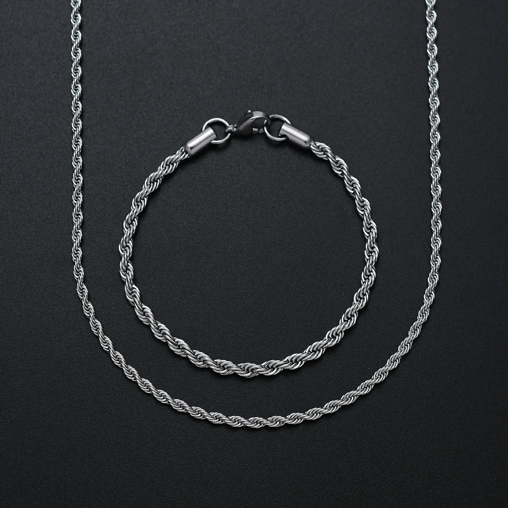 Cheap wholesale 316L stainless steel twist chain necklace & bracelet fashion jewelry set birthday party gifts for men and women