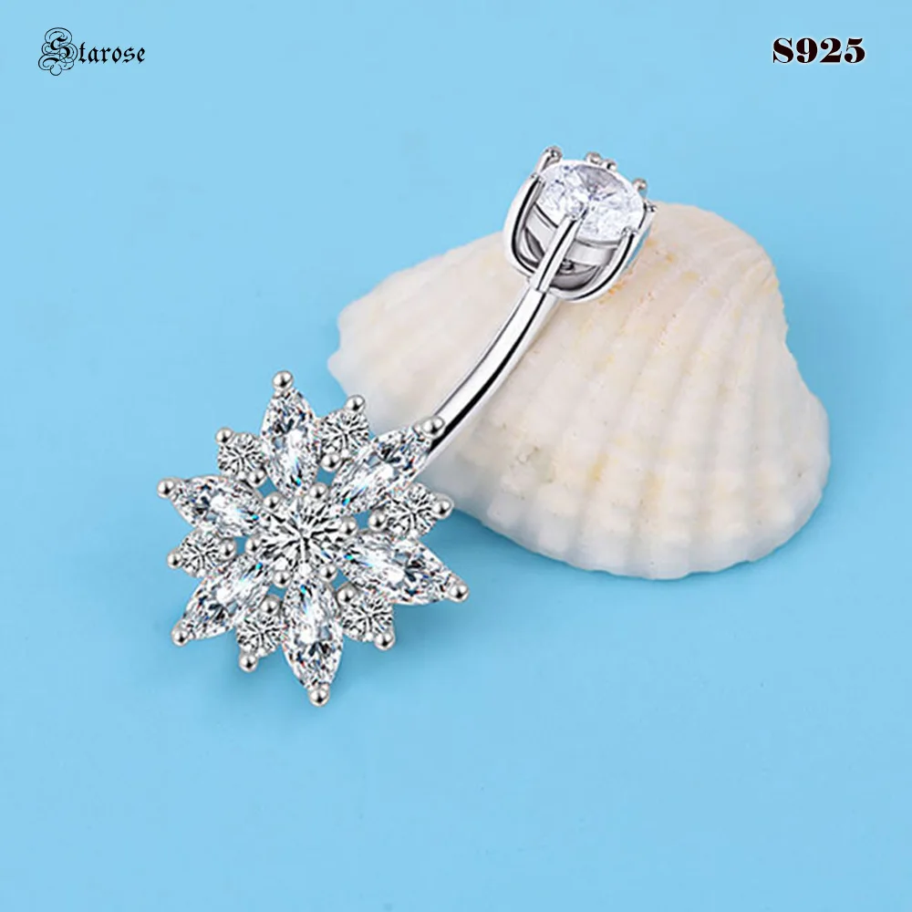 Hollowed Snowflake 925 Sterling Silver Belly Button Piercing Jewelry Sexy Woman Street Beach Zircon Navel Rings Curved Barbell