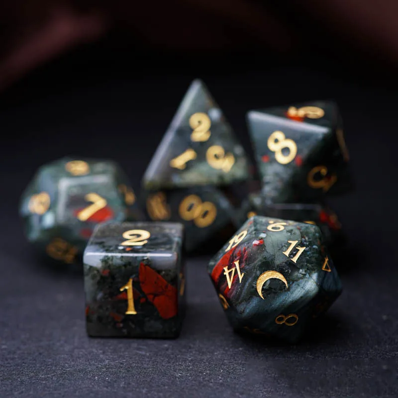 Natural Dragon Blood Stone Dice Gems Engrave Polyhedral Dice Moon D20 D12 D% D4 Carving Dice For DND RPG COC Table Games Custom