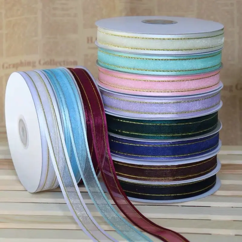 2.2cm 10Y 18 Colors Gold Silver Organza Satin Ribbon For Handmade Craft Gift Floral Packing Marriage Christmas Wedding Deco