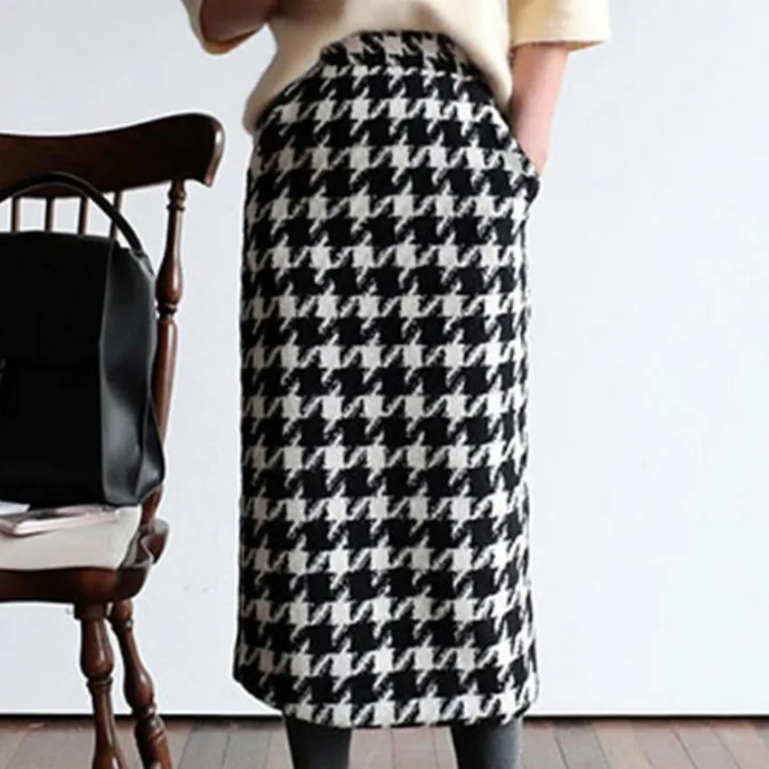 

Houndstooth woolen skirt women autumn winter high waist vintage warmth bag hip one-step pencil ol skirt