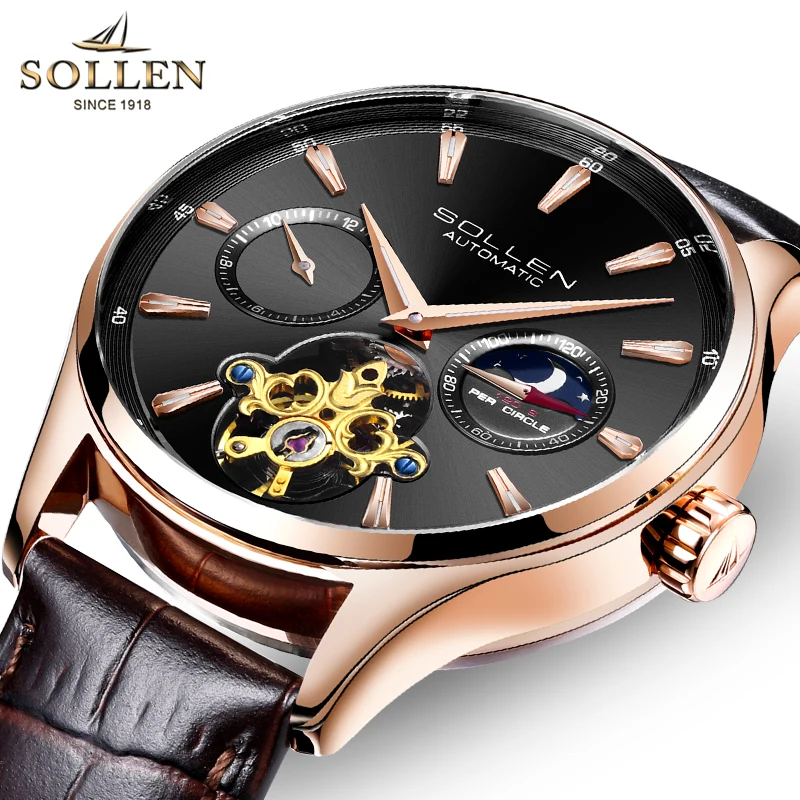 Luxury Brand Switzerland SOLLEN Automatic Mechanical Men's Watches Multi-function Dial Moon Phase Skeleton Dual Time Zones SL306