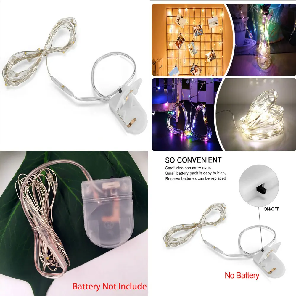 MIni-Luz LED a pilhas, Luzes de fadas, Fio de cobre, Guirlanda de Natal, Festa de casamento, Decoração interior, 1m, 1,5 m, 2m