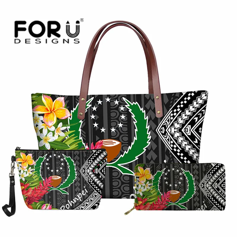 

FORUDESIGNS Handbag Bags Set for Women 2021 Pohnpei Polynesian Tribe Plumeria Printed Purses Large Beach Bag with Wallet Tote