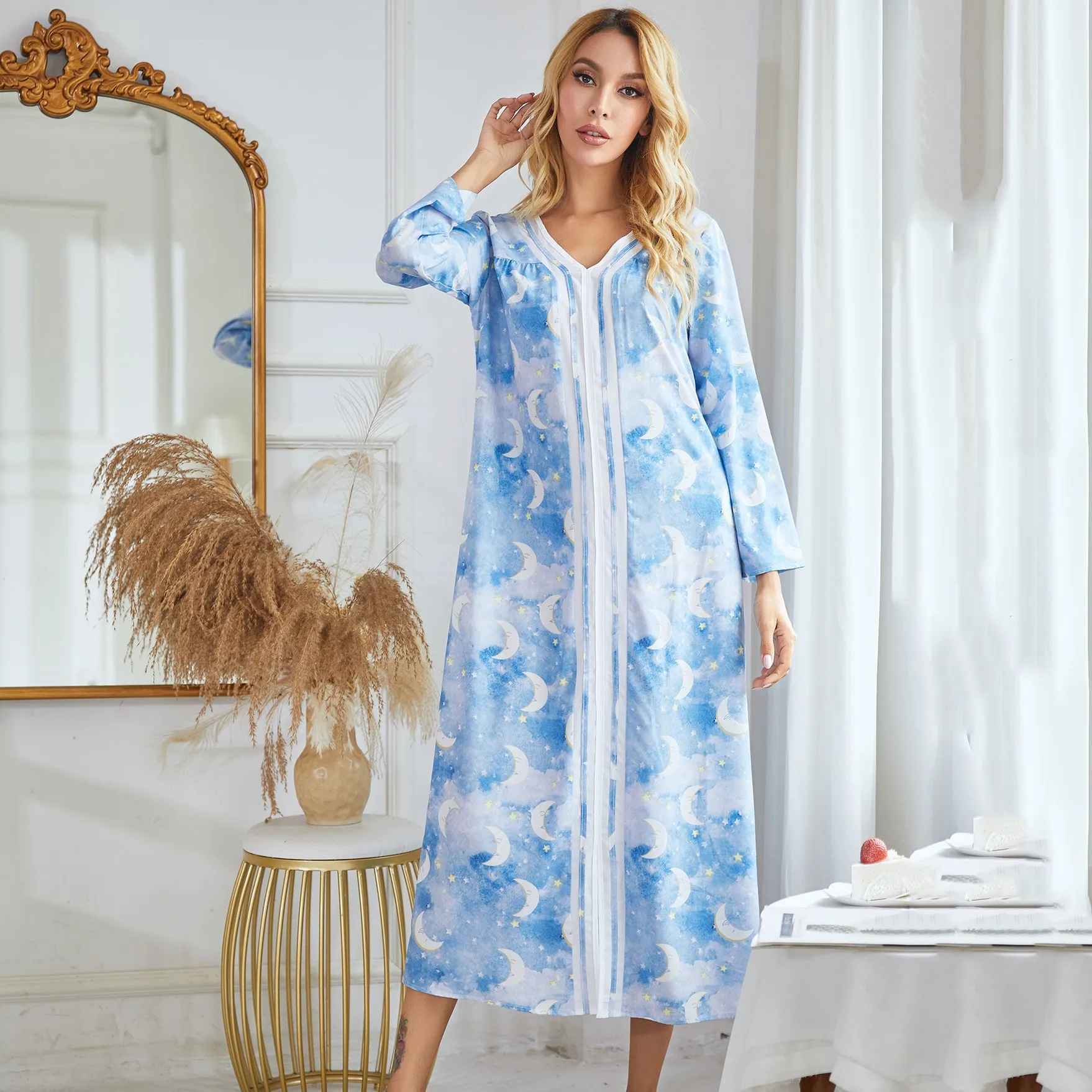 

Print Moon&stars Loose Nightgown Home Dress Sleepwear Female Cotton Nightdress Nightwear Summer New Intimate Lingerie Robe Gown