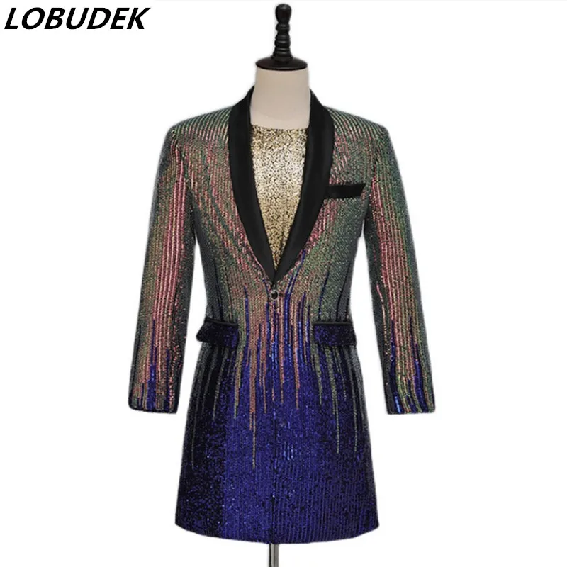

Glitter Multi-color Sequins Stripes Suit Jacket Performance Costume Evening Party Concert Singer Host Formal Slim Long Coat 3XL