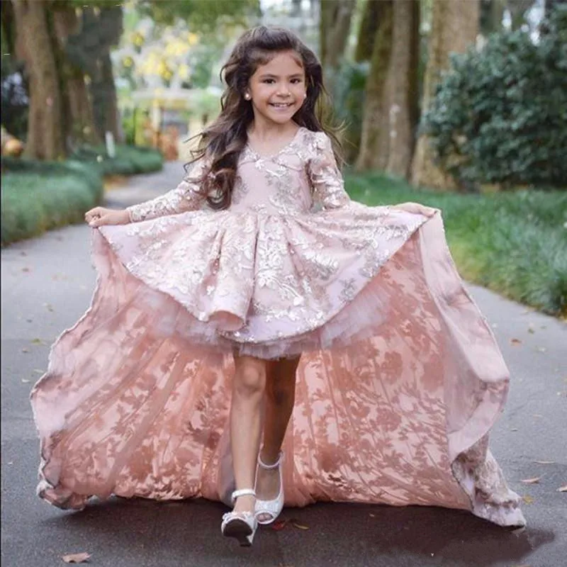 

High-Low Puffy Flower Girl Dress For Wedding Full Sleeves V-Neck Customized Girls Pageant Gowns Prom Dress with Long Train