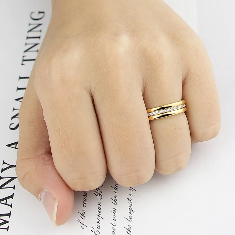 New Three Separate Ring Middle Frosted Or 20 Small Zircon Woman Ring Stainless Steel Gold Color Ring Hot Sale Jewelry wholesale