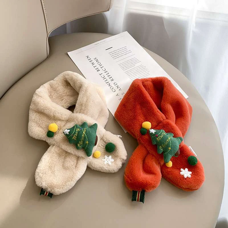 Christmas Tree Scarft Cute Children Boys and Girls Warm Soft Autumn Winter Scarf Imitation Rabbit Fur Collar Scarf Xmas Gift