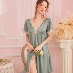 Soft Sleepwear Women Nightdress Satin Silk Sleep Dress Intimate Lingerie Lace Patchwork Nightgown Loose Home Dressing Gown