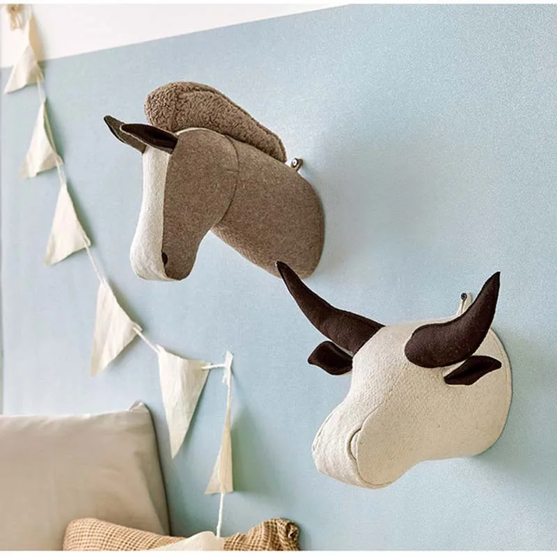 Décoration murale en forme de tête d'animal, éléphant, chien, cheval, rhinocéros, buffle, jouet beurre en peluche, pour chambre d'enfant, cadeau d'anniversaire