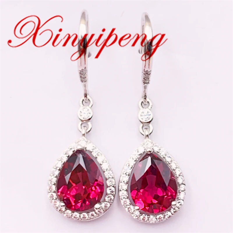 

Xin Yipeng Fine Gem Jewelry Real S925 Sterling Silver Plated White Gold Inlaid Natural Garnet Earring Anniversary Gift for Women