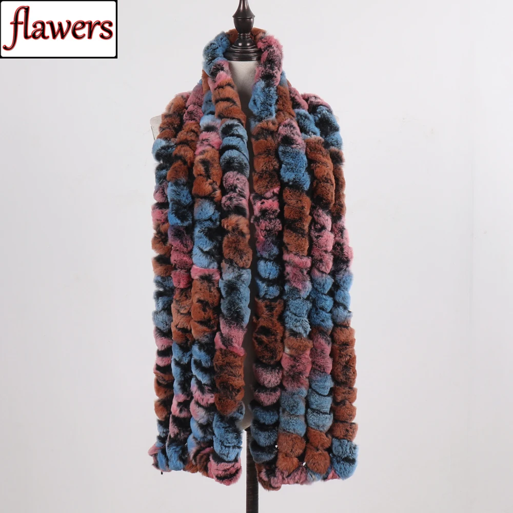 

New Hand Knitted Lady Real Rex Rabbit Fur Scarf Women Winter Warm Natural Rabbit Fur Scarves Long Style Real Rabbit Fur Muffler