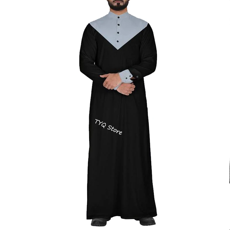 Fashion Men Vintage Islamic Muslim Kaftan Abaya Saudi Dubai Collar Robes Jubba Thobe Long Sleeve Indian Clothing  S-5XL