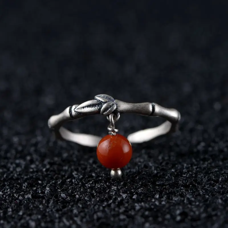 

FNJ 925 Silver Bamboo Ring Original Pure S925 Sterling Silver Rings for Women Jewelry Open Adjustable Size Natural Red Agate