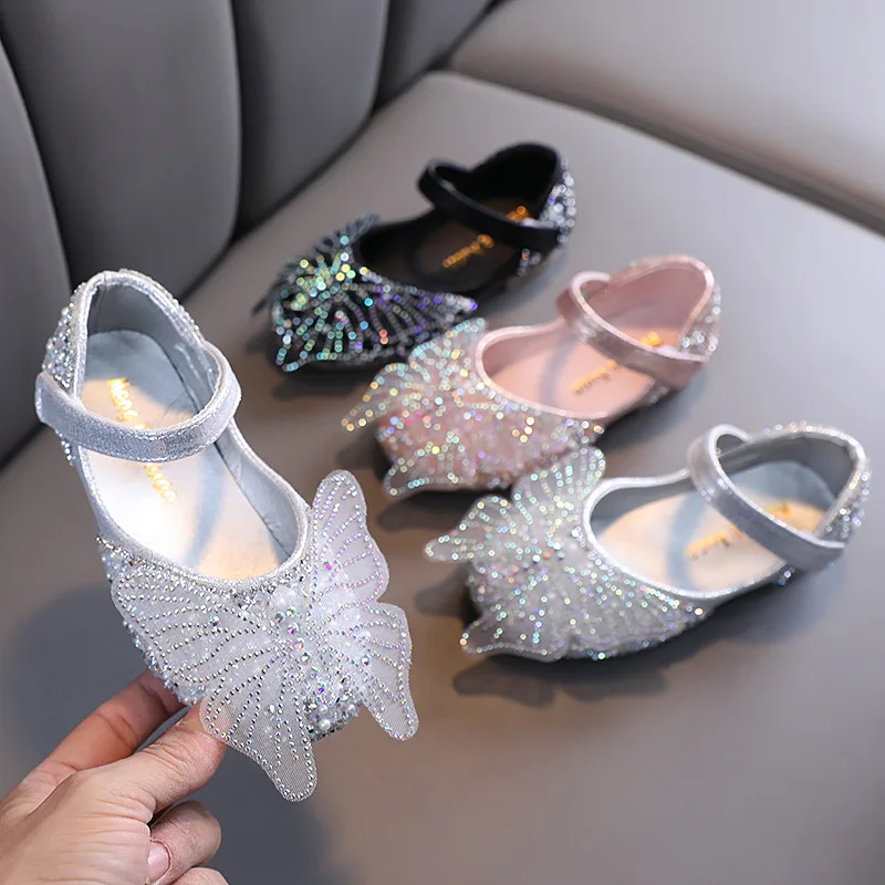 Nuove ragazze scarpe in pelle per bambini pizzo farfalla strass perle perline prestazioni scarpe singole moda scarpe per bambini E878