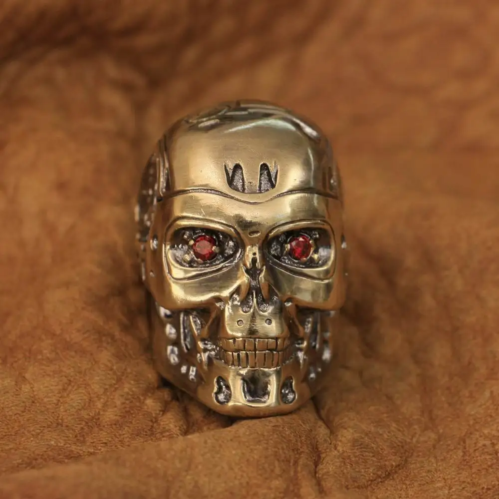 LINSION Handmade Brass Red CZ Eyes Terminator Mens Punk Robot Ring BR80 US Size 7~14