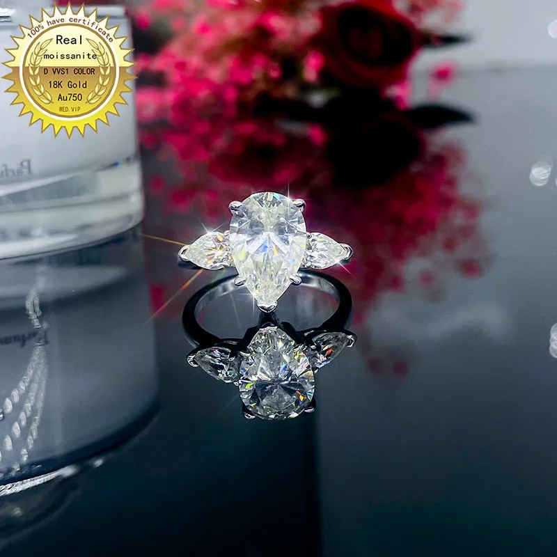 

Solid 18K Gold 1ct pear Moissanite Diamond Ring D color VVS With national certificate 013