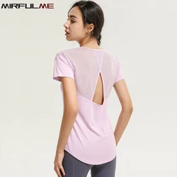 Summer Women Loose Mesh Breathable Yoga Tops Short Sleeves Sport T-Shirts Hollow Out Running Shirts Girls Gym Workout Top Blouse