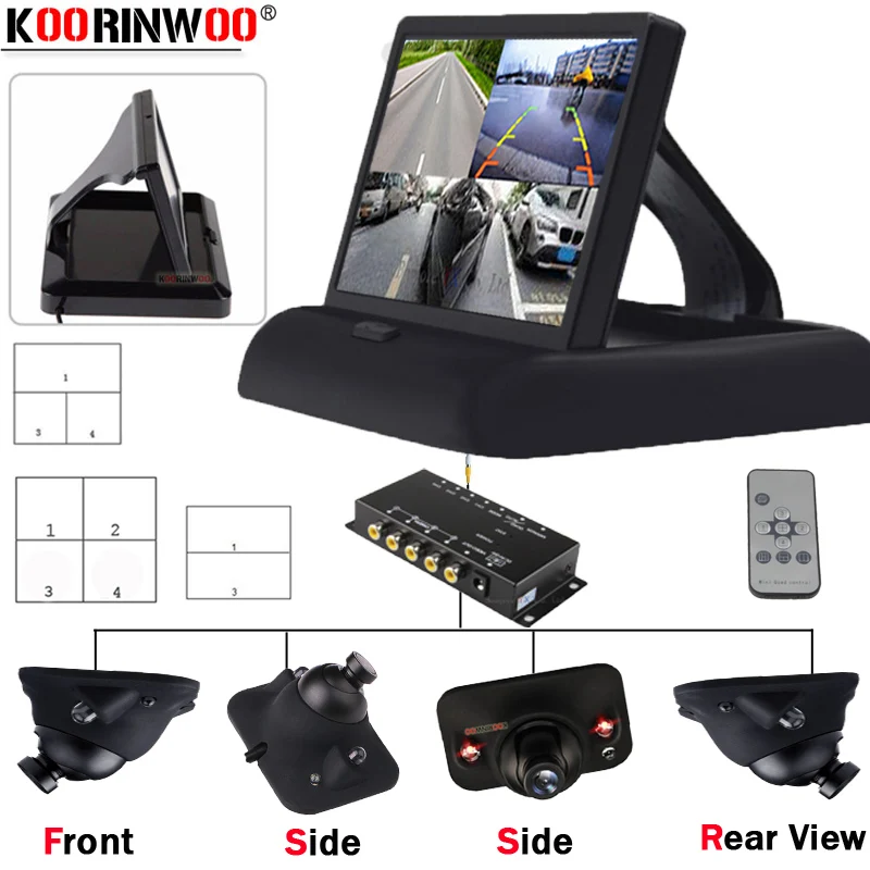 Koorinwoo Car Monitor With CCD 360 Round Remote Split Parking For 4 Cameras 4 Channel Box Left Right Front Rear view Camera Side