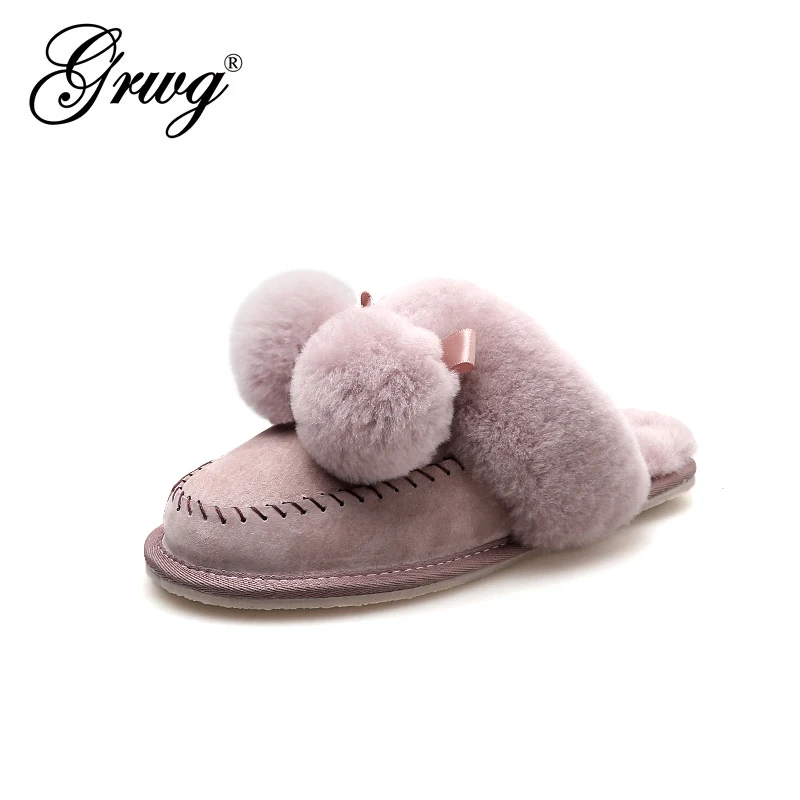 100% Genuine Leather Natural Fur Slippers Fashion Female Winter Shoes Women Warm Indoor Slippers Soft Wool Lady Home Shoes