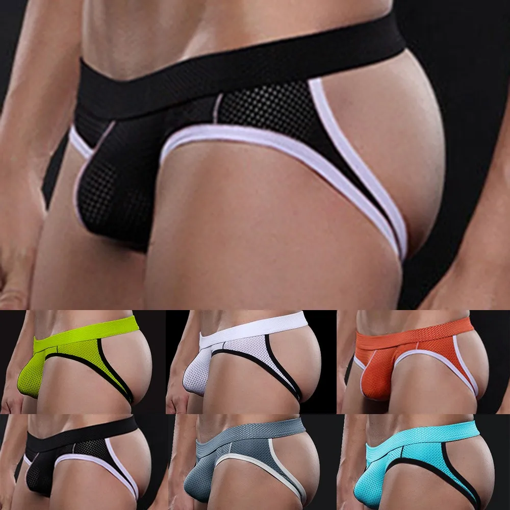 Men Sexy Mesh Hole Breathable Fashion Sexy Wide-Belt Double Briefs Thong Jockstrap Panties Gays Clothes Sissy Inmitate Lingerie