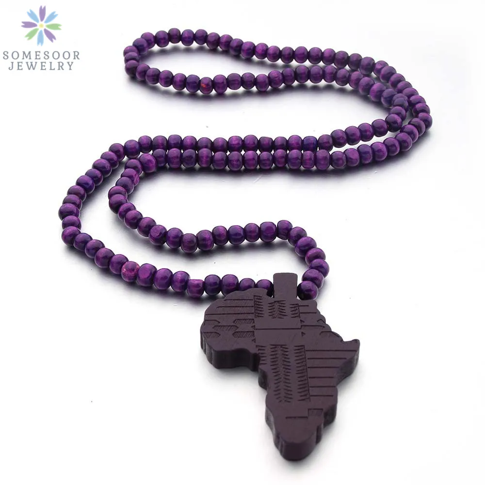 SOMESOOR Engraved Africa Map Natural Wood Beads Necklaces Handmade Elastic Chain Rock Hiphop Dangle Jewelry For Women Gifts