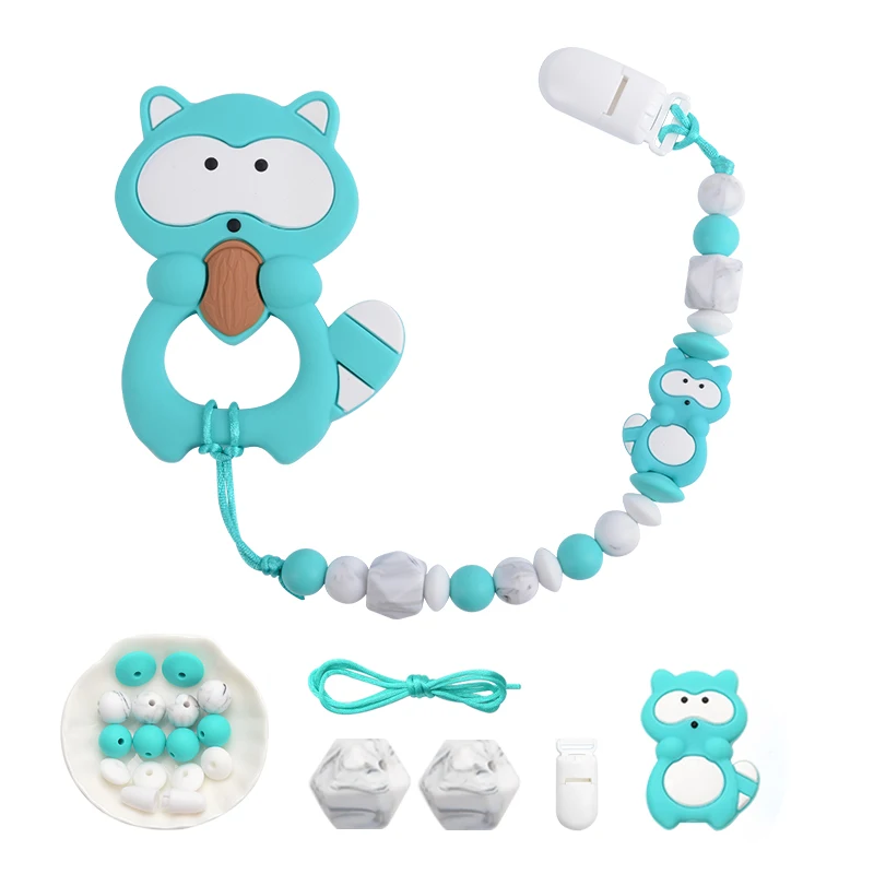 LOFCA Baby Silicone Teether DIY Baby Teething Necklace Food Grade Cartoon Raccoon Panda Pacifier chain Clip Beads Toy Sets