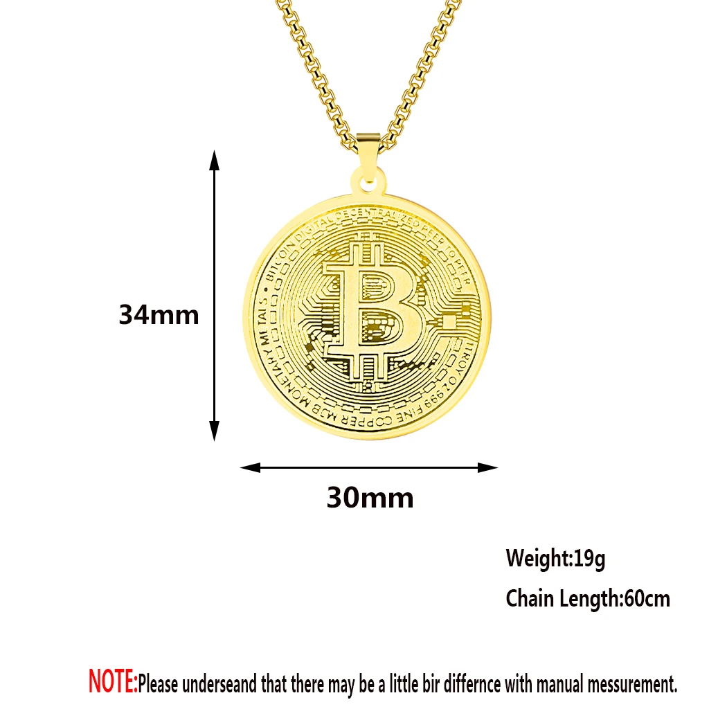 Bitcoin Pendant Women Men Gold Plated Circle Bitcoin Pendant Necklace Bitcoin Charm Chain Stainless Steel Female Male Gift