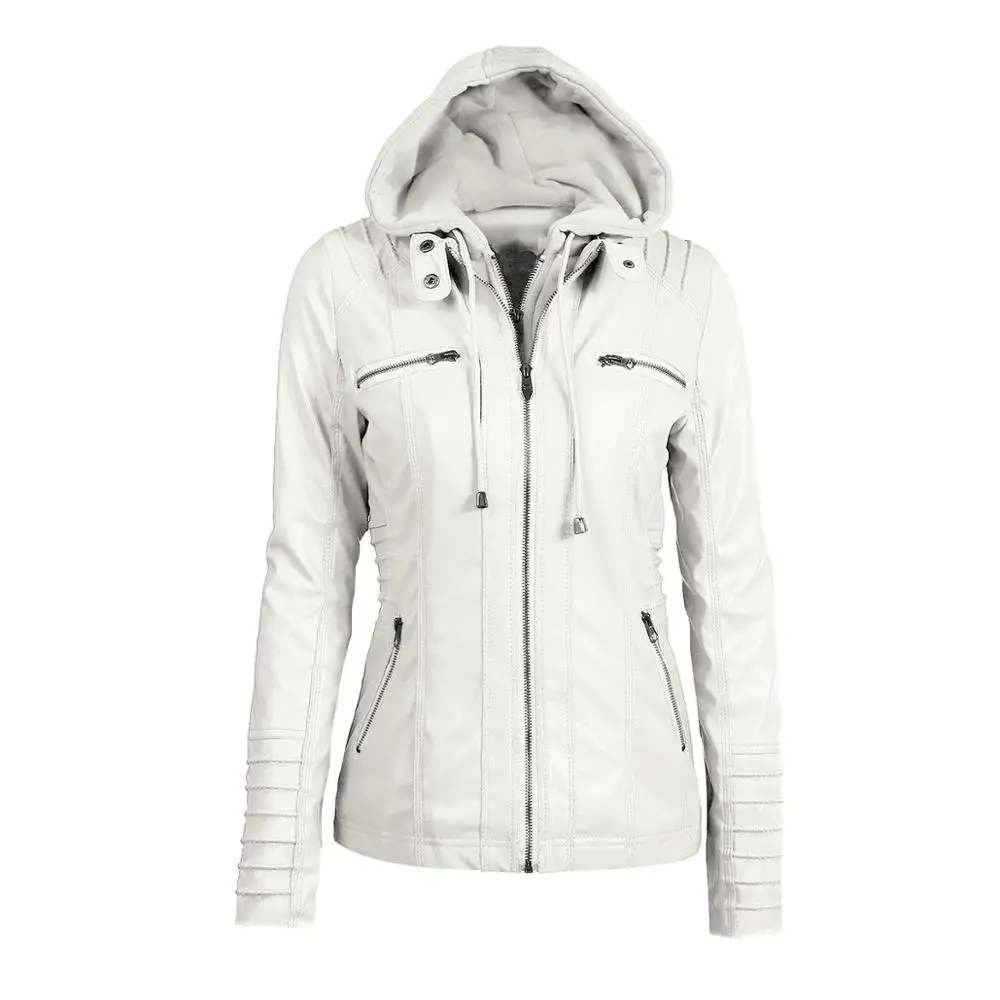 2019 New European American style long sleeve Pure white Coat spring  autumn style zipper PU leather windbreak jacket