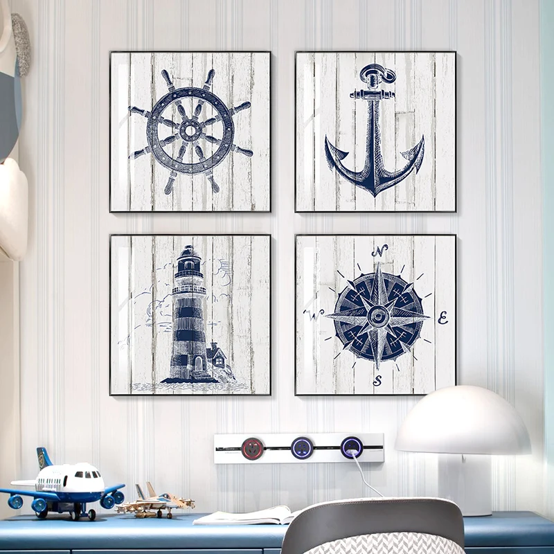 Nautical Nursery Wall Art Canvas Painting Navy Pictures Anchor Compass Lighthouse Posters for Mediterranean Boy Room Home Decor