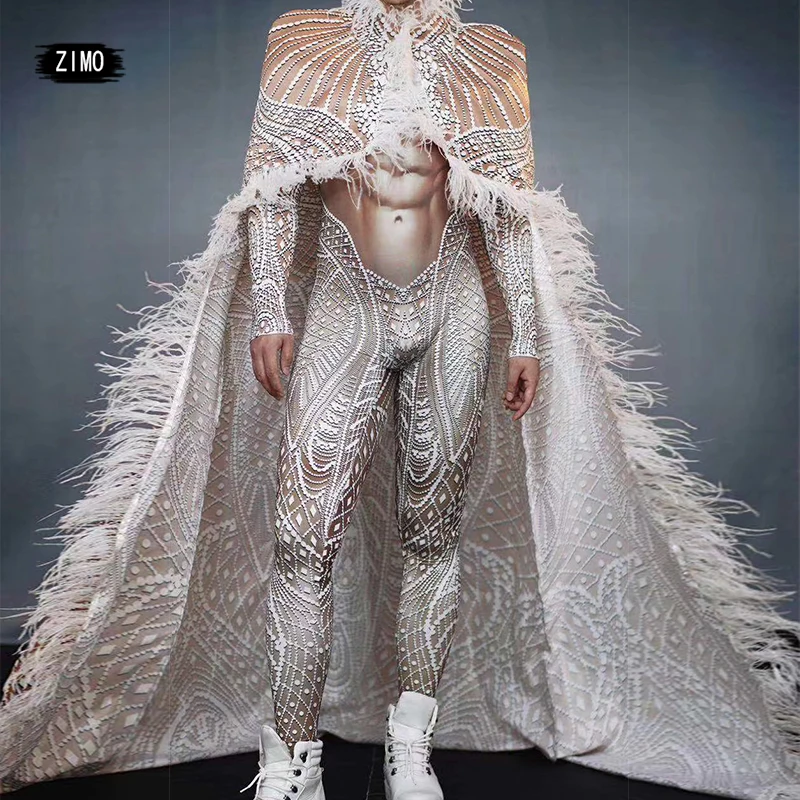 Female man Singer Stage Wear Printing tiger Stretch Jumpsuit Long Cloak Outfit  Dancer Models prom nightclub drag queen costumes