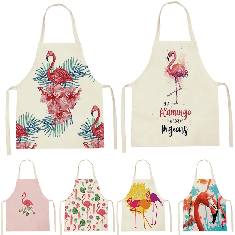 Cartoon Flamingo Tropical Jungle Pattern Clean Art Aprons Home Cooking Kitchen Apron Chef Wear Cotton Linen Adult Bib Tablier