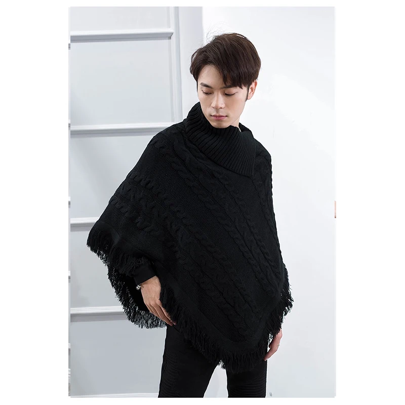 Cape men's shawl high neck sweater jacket short bat sleeve autumn winter Lapel loose youth versatile trend